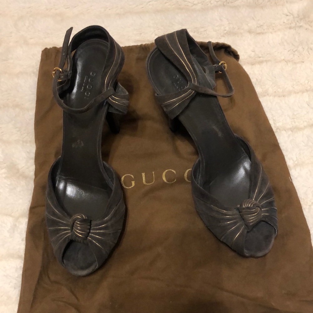 Authentic Grey suede with gold lines knotted peep toe heel